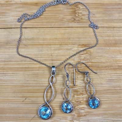 Sterling Silver Blue Diamante Earring/Necklace Set (Stamped 925)