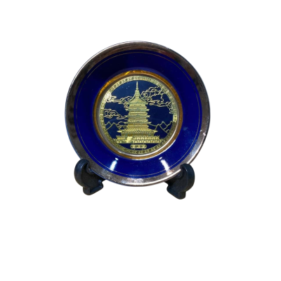 Japanese Gold Plate with Zen Buddhist Temple, The Art of Chokin, Blue and Gold Art
