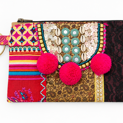 Ruby Yaya Embellished Patchwork Clutch Pouch with Gold Ring Handle