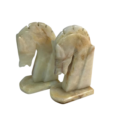 Vintage Trojan Horse Carved Onyx Marble Stone 6.5" Bookends
