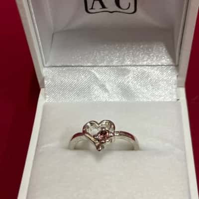  Women's 925 silver Open Heart Pink Stone Ring 