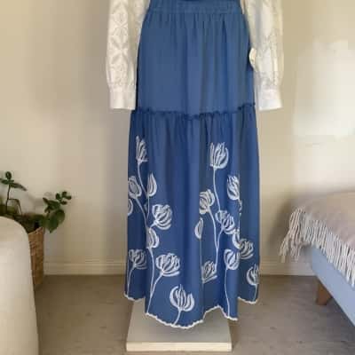 BNWT*.  Laffaire. Blue Embroidered Tiered Maxi Skirt.   Size XL 