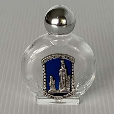 1970s Lourdes Holy Water Glass Bottle with Blue Enamel Plaque - Empty