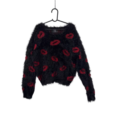 Kids Wayne Cooper Jnr Black Fluffy Jumper With Red Lips Size 12 