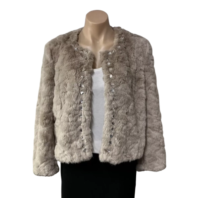 Forever New Womens Size 12 Beige Faux Fur Cropped Open Jacket 