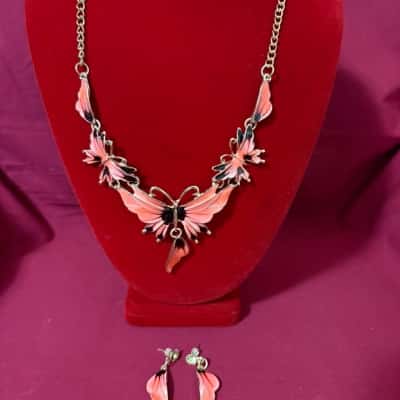  Women’s Earrings / Necklace Butterfly Wings Crystal & Enamel Set