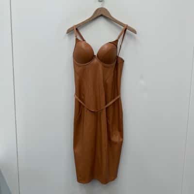 NEW - Honey Birdette Emily Faux Leather Dress (Toffee) Size 14C RRP $400