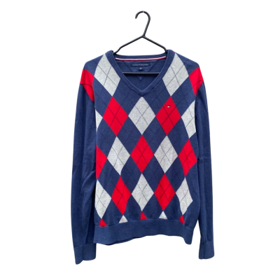 Mens Tommy Hilfiger Size L Argyle Sweater Navy Blue / Pattern / Grey/Red 