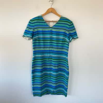 Maggy London Blue Green Striped Short Sleeve Mini Dress  Size 14 