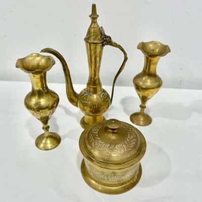 Vintage Brass Etched Genie Pitcher, 2 small Vases & Etched Trinket Box 