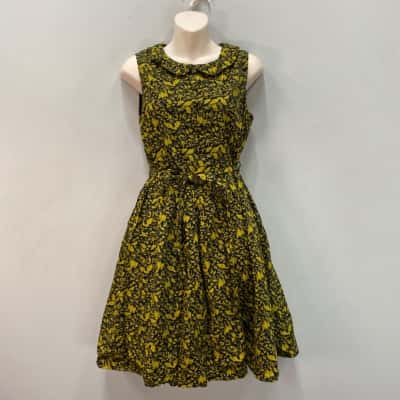 Dangerfield Womens Botanicals (Bats, Beetles  & Butterflies)Size 12 Mini Dress Black  / Mustard 
