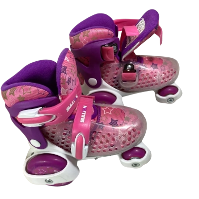 Size 11 a pair of pink and purple children's adjustable quad roller skates that resemble the Roller Derby EZ-Roll Girls Beginner Roller Skates.