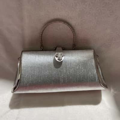  Women’s Evening Bag Silver Sateen with Diamanté Flower Clasp