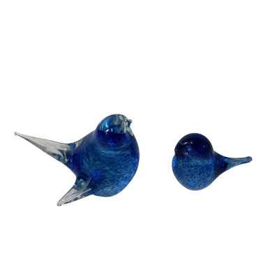 Hoglund Art Glass Blue Pattern Mother & Baby Bird Figurines