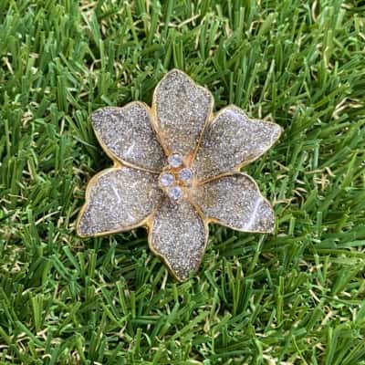  Womens Gold Tone and Silvery Glitter Flower Brooch with Diamanté Centre 