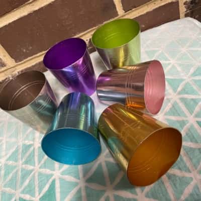 Set Of 6 Anodised Cups In Red Leather Cover