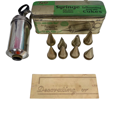 Antique Tala Cake Decoration Syringe in Metal Tin