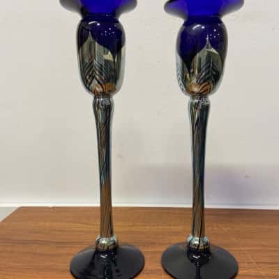 Stunning Steve Correia signed cobalt blue candle holders 