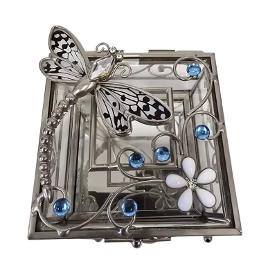 Glass and Wire Dragonfly with White Enamel and Blue Stones