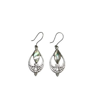 Vintage 925 Silver Filigree Teardrop Earrings With Paua Shell Inlay