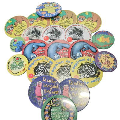 Red Nose Day badges. A bundle of 23 in total. A 90s throwback.