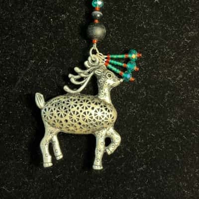 925 Stamped Snake Chain With Silver Tone Reindeer Pendant and Beads