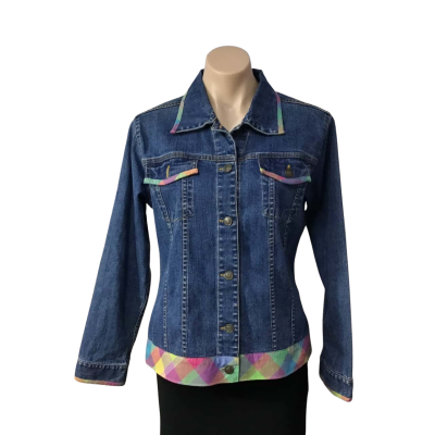 Birch Hill Womens Size M Blue Denim Jacket with Multicoloured Pattern Trim