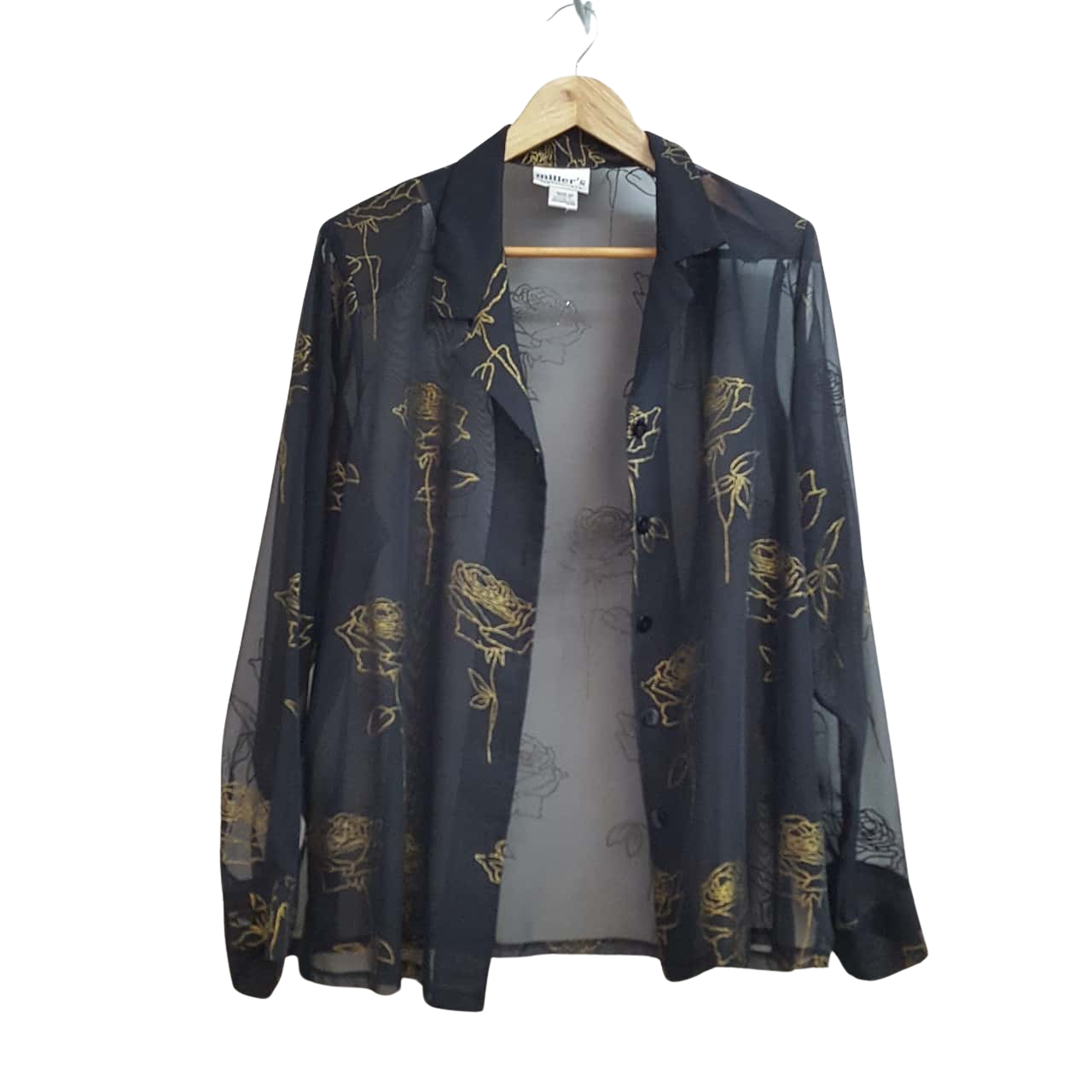 Vintage Millers Classic Wear Black/Gold Sheer Blouse with roses Women's