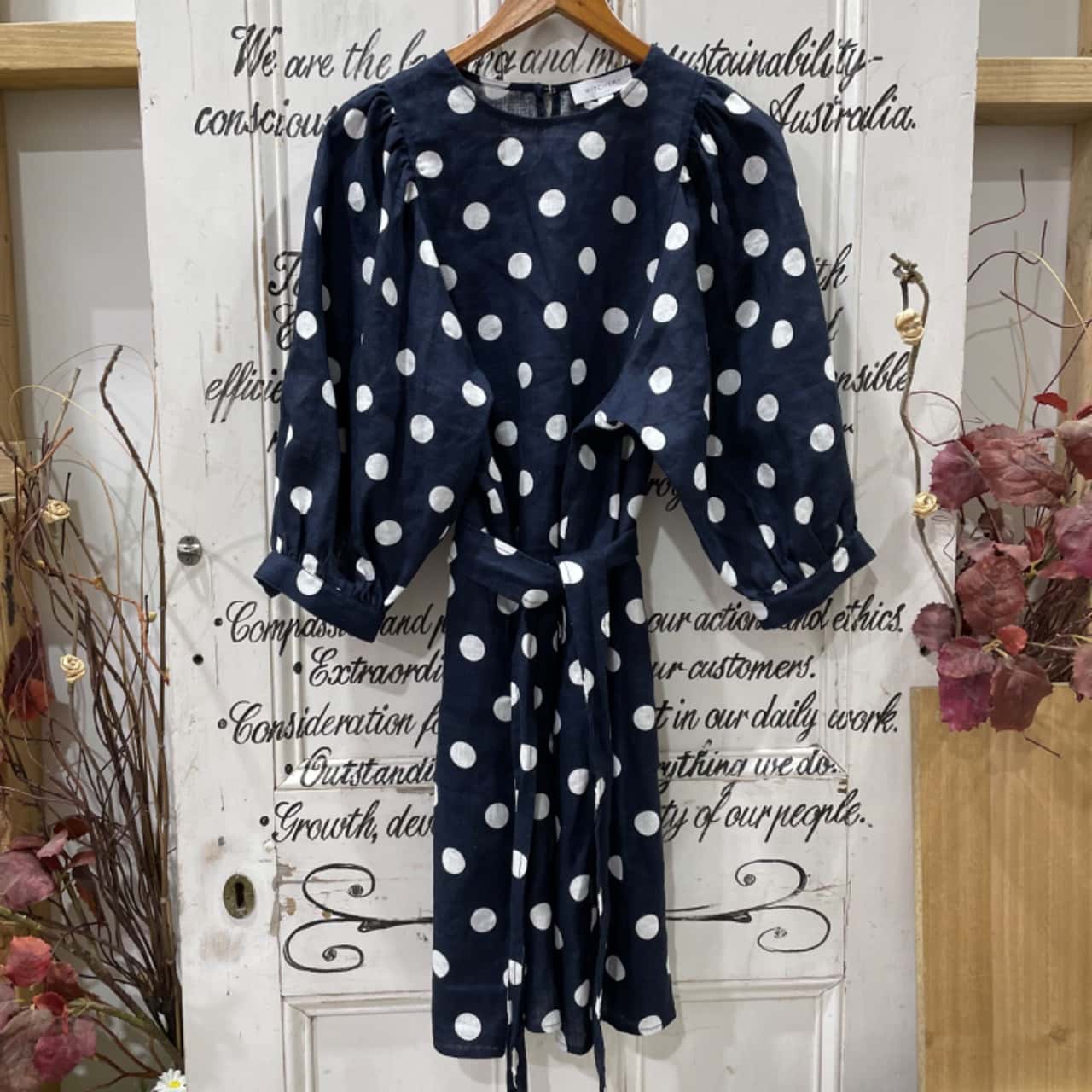 100% LINEN STUNNER!! NWOT!! INITIALLY SOLD FOR $189.00!! Witchery Brand!!  Womens Size 10 / 12 Babydoll / Midi Dress / Short Sleeve Dress Navy Blue /  Pattern / Polka Dot / White (s) - New Without Tags | Salvos Stores