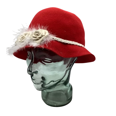  Womens Peruvian Hat, Red with Cream trim and feathers 