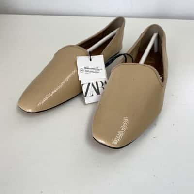 Zara Beige Flat Patent Loafers Square Toe Shoes  Size 37 