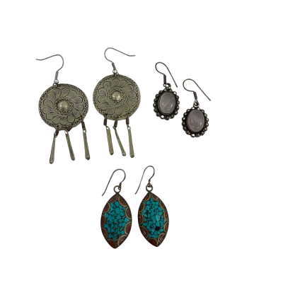 Lot of 3x Vintage Boho Style Womens Earrings (Gemstone Inlay, Pink Quartz, No Stamps)