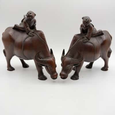 Vintage Pair Hand Carved Chinese Water Buffalo's with Riders