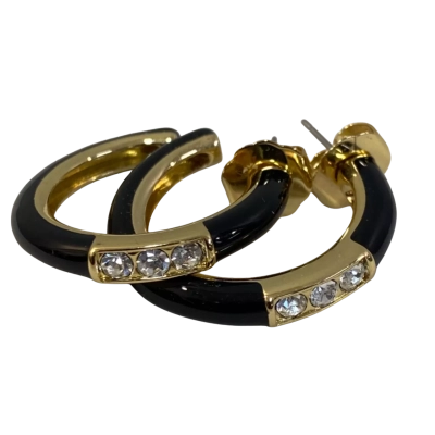  Womens Gold-tone, black enamel earrings with clear stones