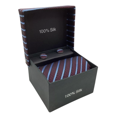 100% Silk Tie w/  Matching Cufflinks and Pocket Square Striped Black and Blue