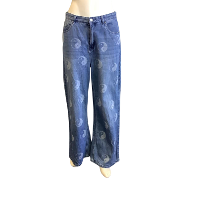 Ghanda Women's Size 12 Wide Leg Ying & Yang Jean Blue 