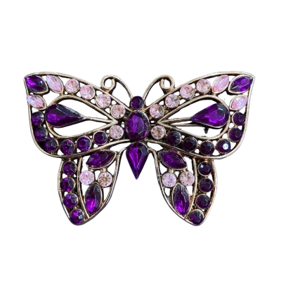  Womens rhinestone butterfly 6.5cm Brooch. Purple & pink rise gold colour metal