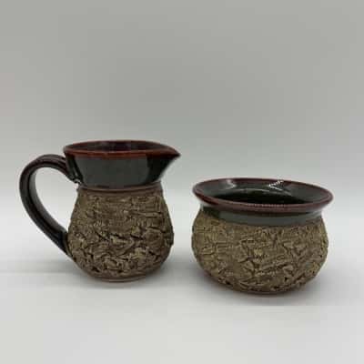 'Grant Lehmann' Bark Pottery Milk Jug & Sugar Bowl [S#6]