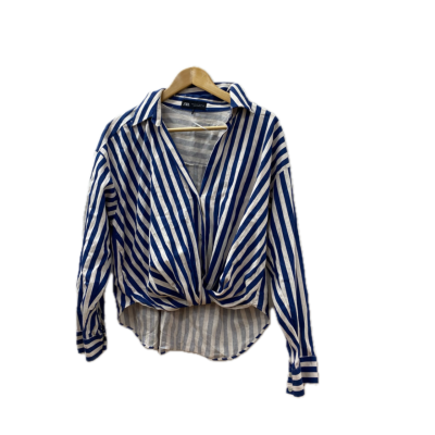 Zara Womens Size S Long Sleeve Shirt Navy Blue / Pinstriped / White 
