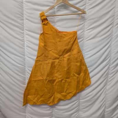 AERE Womens Linen Yellow Off The Shoulder Mini Dress - Size 8