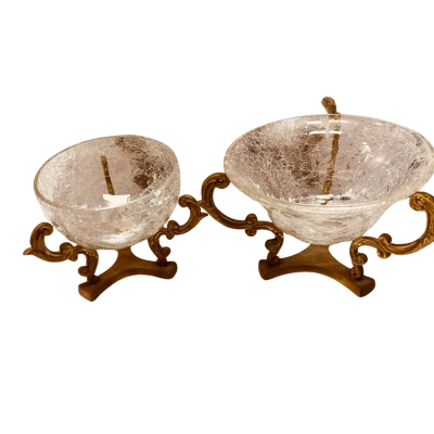 2 x Vintage Look Crackle Glass Bowls On Ornate Brass Stands