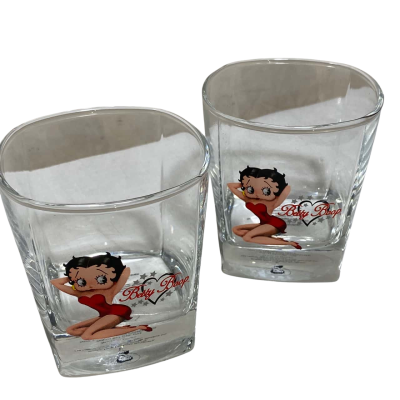 2 RARE COLLECTABLE BETTY BOOP SCOTCH WHISKY SPIRIT GLASS GREAT USED CONDITION