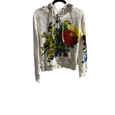 Ed Hardy Womens  Size M Hooded Jacket White Zip Front With Bejewelled Embellishments  (Read Description)