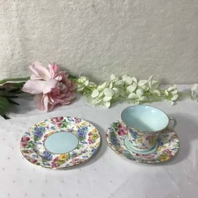 Vintage Aynsley Blue / Floral Pattern Bone China Cup Saucer and Plate