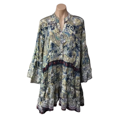 Womens approx Size L Blue / Yellow / Red / Brown / Gold Pattern Long Sleeve Mini Dress 