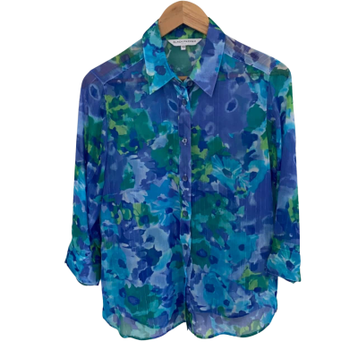 Black Pepper Womens  Size 10 Button Up Top / Long Sleeve Shirt Blue / Green / Pinstriped / Silver 