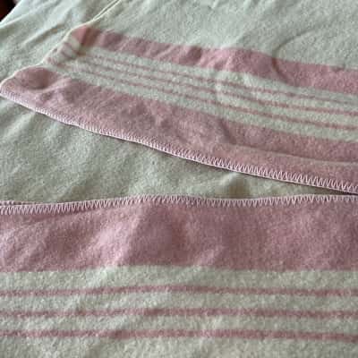 Woollen blanket ? Cream with pink stripe approx 180 x 220 cm