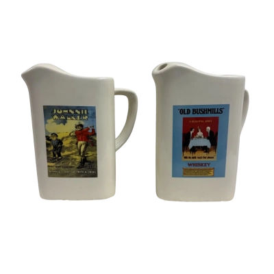 Pair of Vintage Johnny Walker & Old Bushmills Ceramic Jugs w/ Graphic Prints