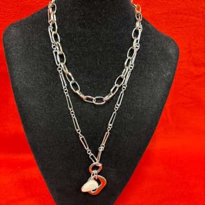  Women's M&S Silver Tone Long Double Strand Necklace featuring a Hammered Circular & Rectangular Links with Teardrop Pendant