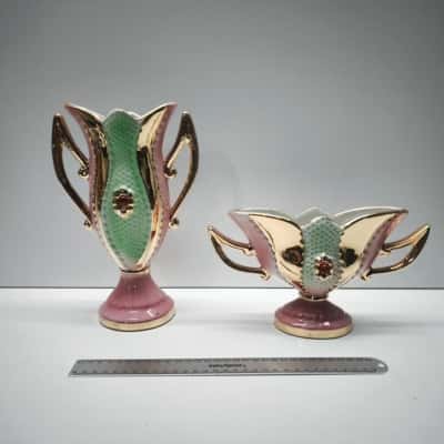 Vintage EDERA Italian Ceramic 2-Piece Vase & Dish Set Pink Green Gold